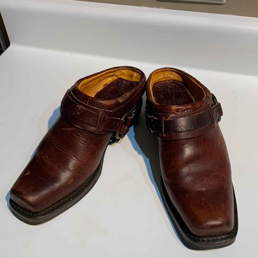 Frye cognac mules size 7.5 with harness